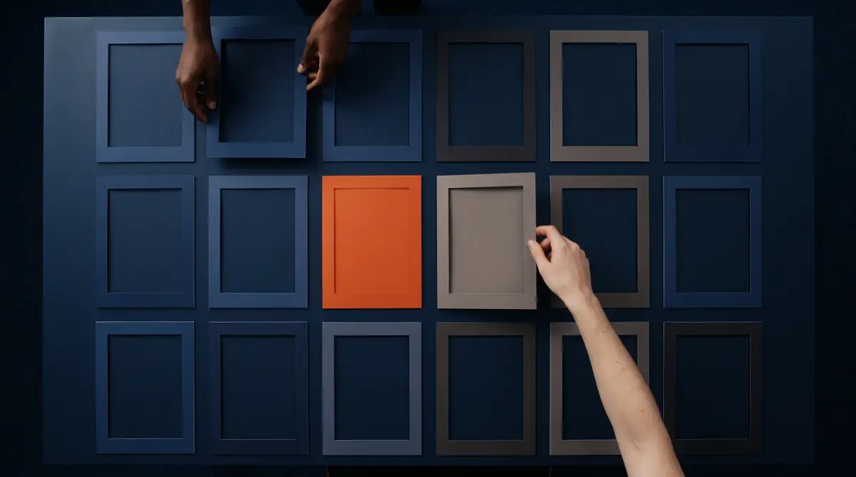A hand selecting one orange tile from a grid