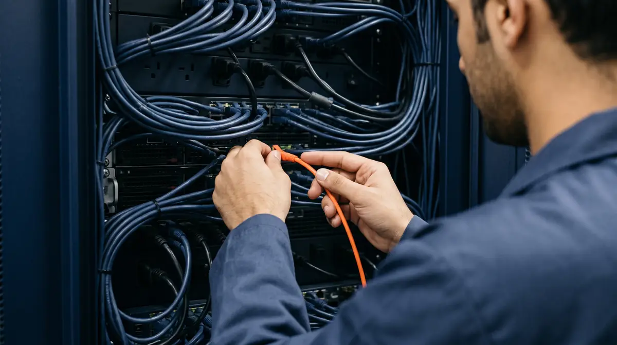 A hand connecting an orange cable in a server rack