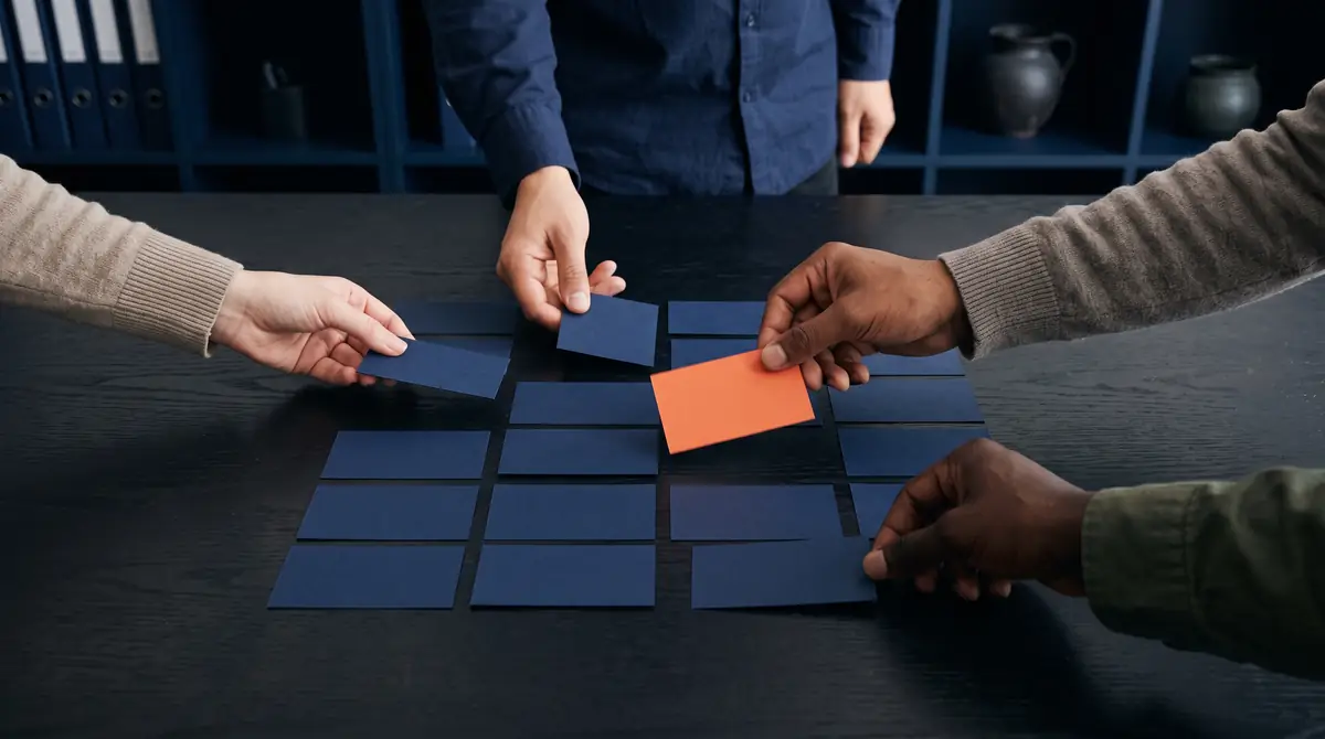 Hands choosing one orange card from a row of navy cards