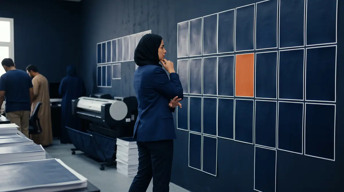 A marketer reviewing a wall of campaign tiles with one highlighted in orange