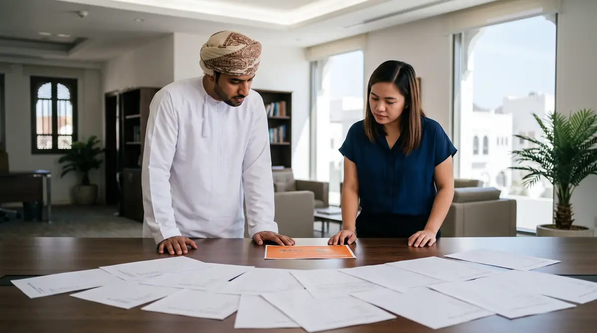 Two colleagues reviewing documents spread on a table